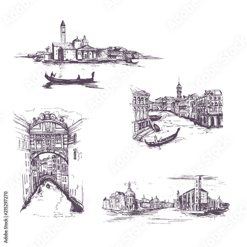 set of four  graphic sketch drawing of Rome Italy cityscape.Set of Cityscape Vector Illustration Line Sketched Up.Venice. Hand drawn sketch of European city