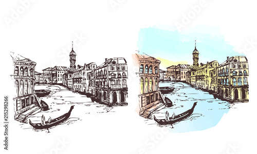 Venice.Italy.Vector illustration of the Grand Canal in Venice.City with houses and water, drawn in sketch style.Cityscape.