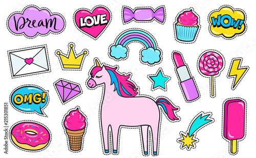 Modern cute girly colorful patch set. Fashion patches of unicorn, lipstick, crown, diamond, love letter, rainbow, hearts, donut, cupcake, comic bubbles etc. Cartoon 80s-90s style. Vector illustration