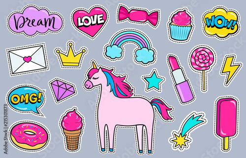 Modern cute girly colorful patch set. Fashion patches of unicorn, lipstick, crown, diamond, love letter, rainbow, hearts, donut, cupcake, comic bubbles etc. Cartoon 80s-90s style. Vector illustration