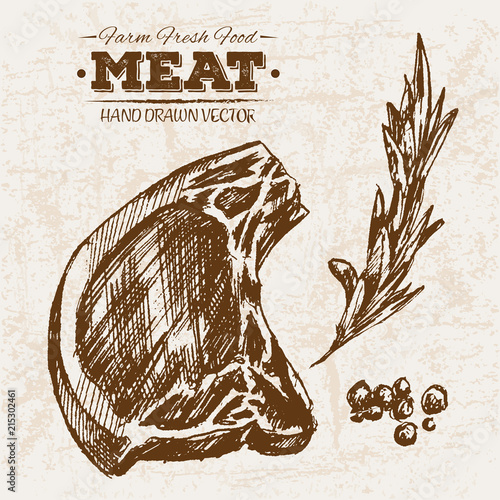 Hand drawn sketch steak meat products set