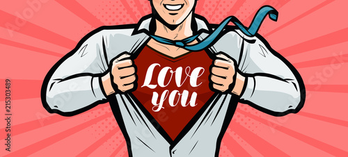 Handsome guy is explained in love, greeting card or banner. Vector illustration in style comic pop art