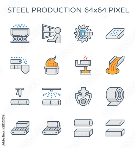 Steel production industry, manufacturing and metallurgy vector icon with mining and machine equipment i.e. production line, furnace, foundry. Include process of smelting, casting and making product.