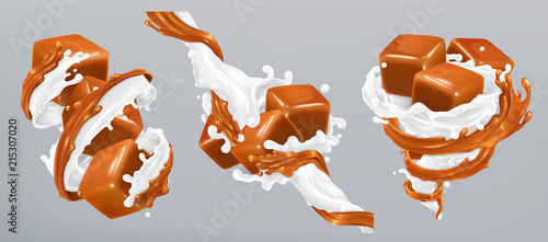 Milk and caramel splashes, 3d realistic vector