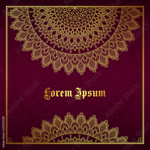 Greeting card, invitation or flyer template with golden mandala ornament. Hand drawn vector illustration