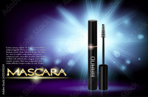 Luxury mascara ads,Realistic vector cosmetic objects, black and gold package with eyelash applicator brush with mascaras 