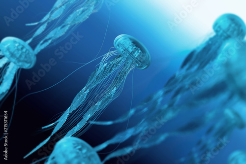 The jellyfish in blue ocean background © Vink Fan