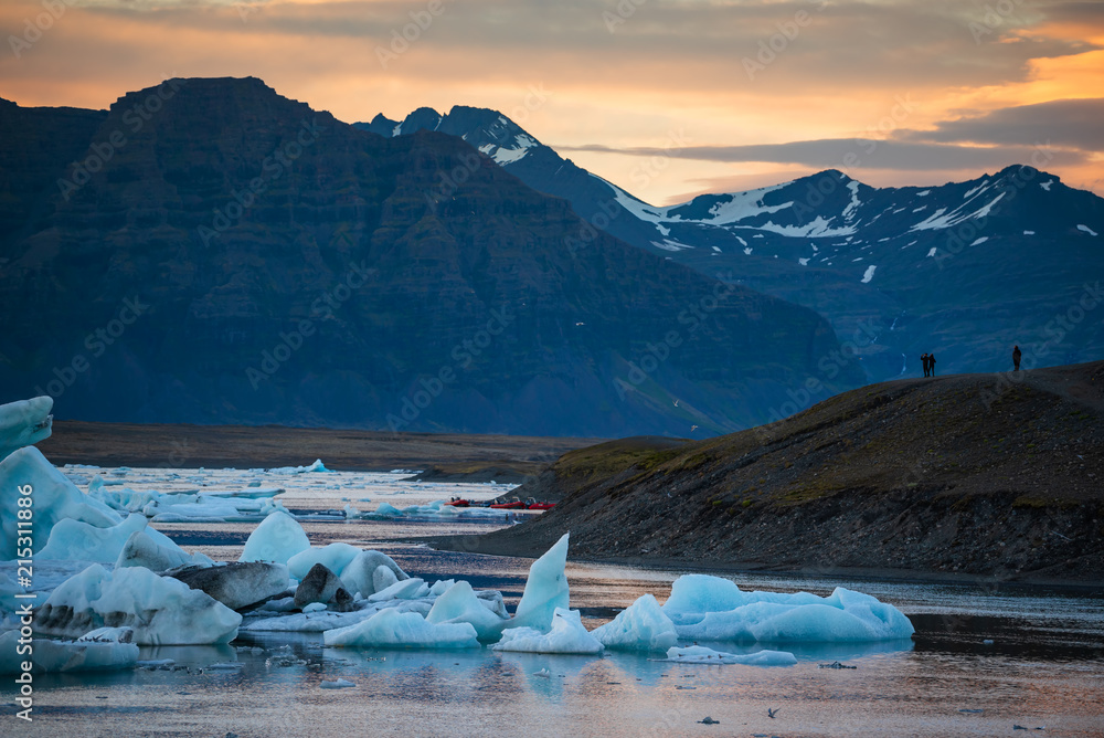 Icebergs in Jokulsarlon glacier lagoon. Vatnajokull National Park, Iceland Summer.Midnight Sun.