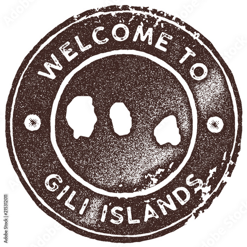 Gili Islands map vintage stamp. Retro style handmade label, badge or element for travel souvenirs. Brown rubber stamp with island map silhouette. Vector illustration.