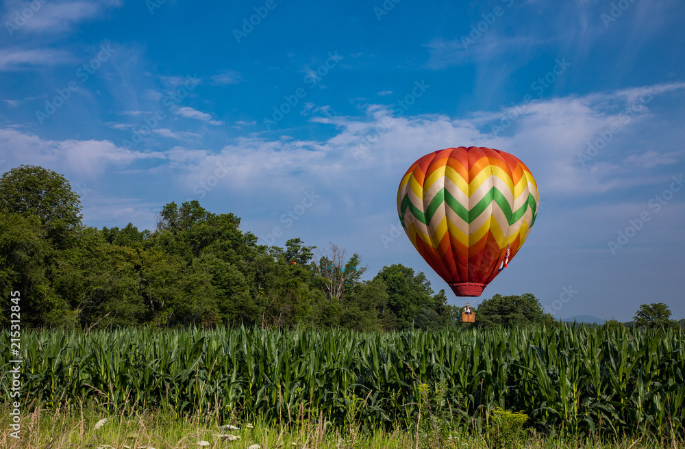 Naklejka premium Red, Yellow, Orange, Green, and White Teardrop Shaped Hot Air Balloon Over Corn Field on Sunny Day with Trees and Cloudy Blue Sky in Background