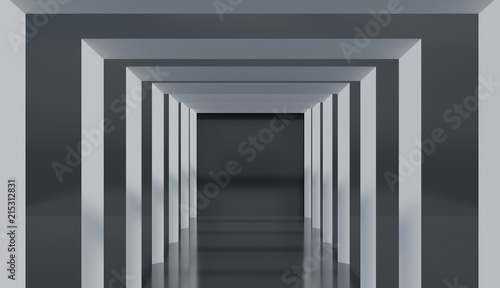 Minimalist square architecture decor, abstract tunnel pattern on shiny floor, blank realistic 3D render.