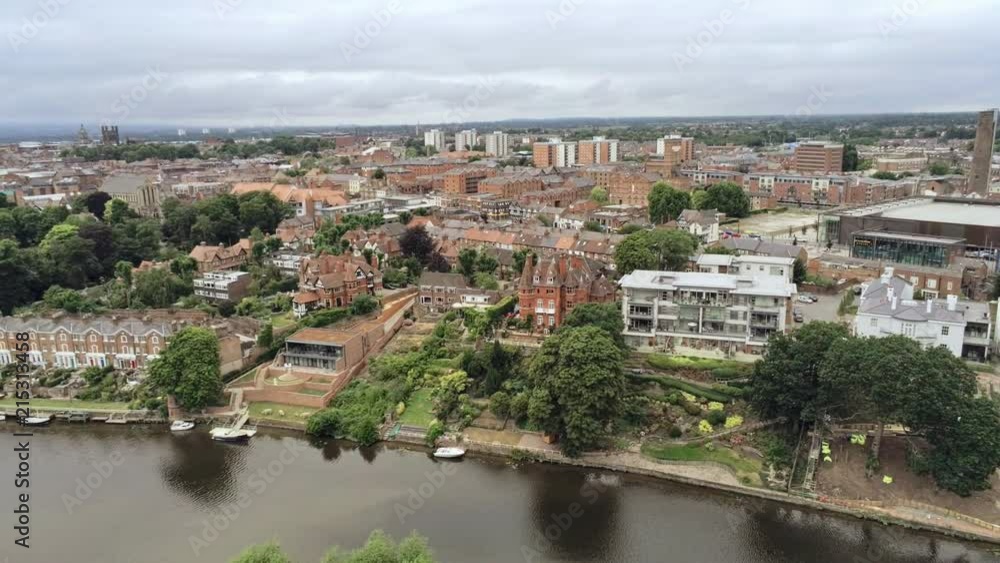Aerial view, slow pan move. Old town Chester and river Dee Aerial view, slow pan move. Old town Chester and river Dee