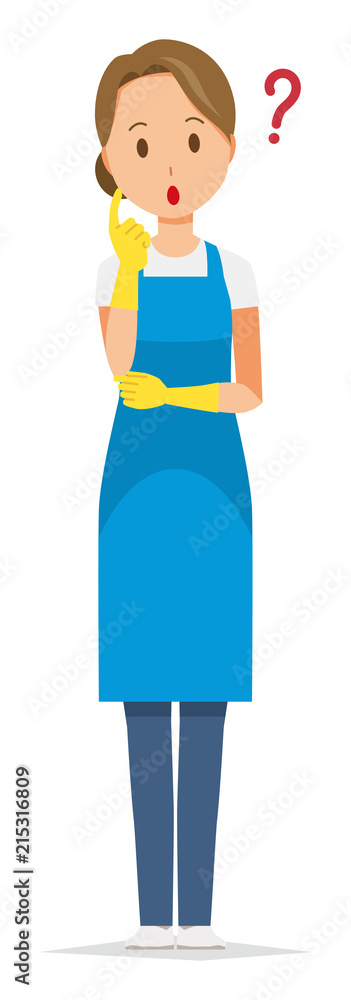 A woman wearing a blue apron and rubber gloves is thinking