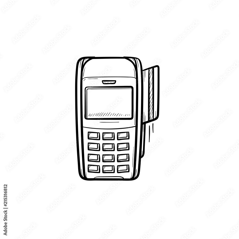 POS terminal for bank card hand drawn outline doodle icon. Credit card machine, paying, purchase, shop concept. Vector sketch illustration for print, web, mobile and infographics on white background. POS terminal for bank card hand drawn outline doodle icon. Credit card machine, paying, purchase, shop concept. Vector sketch illustration for print, web, mobile and infographics on white background.