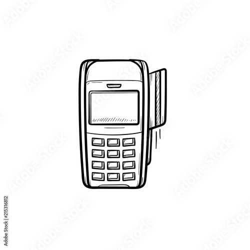 POS terminal for bank card hand drawn outline doodle icon. Credit card machine, paying, purchase, shop concept. Vector sketch illustration for print, web, mobile and infographics on white background.