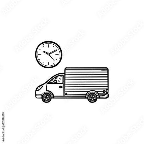 Delivery truck with clock hand drawn outline doodle icon