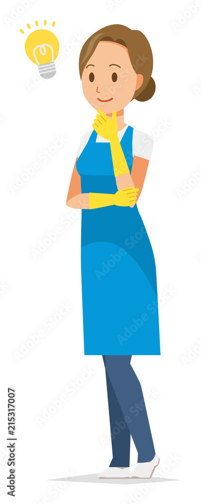 A woman wearing a blue apron and rubber gloves came up with an idea A woman wearing a blue apron and rubber gloves came up with an idea