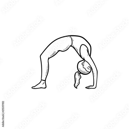 Woman practicing yoga bridge pose hand drawn outline doodle icon. Healthy lifestyle, yoga exercises concept. Vector sketch illustration for print, web, mobile and infographics on white background.