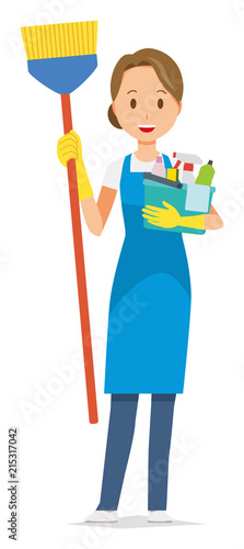 Women wearing blue aprons and rubber gloves have several cleaning tools