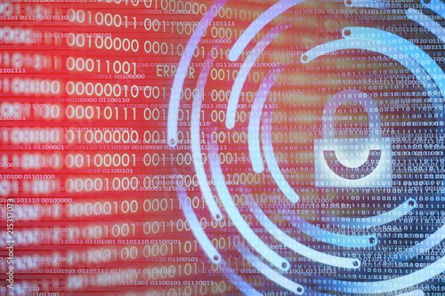 antivirus binary code background with complete blue padlock and broken red padlock icons. 