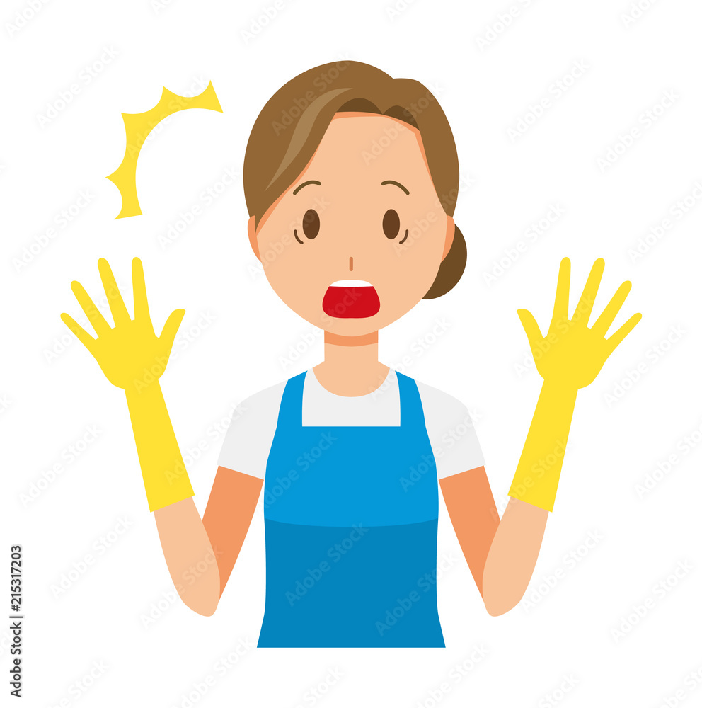 A woman wearing a blue apron and rubber gloves is surprised A woman wearing a blue apron and rubber gloves is surprised