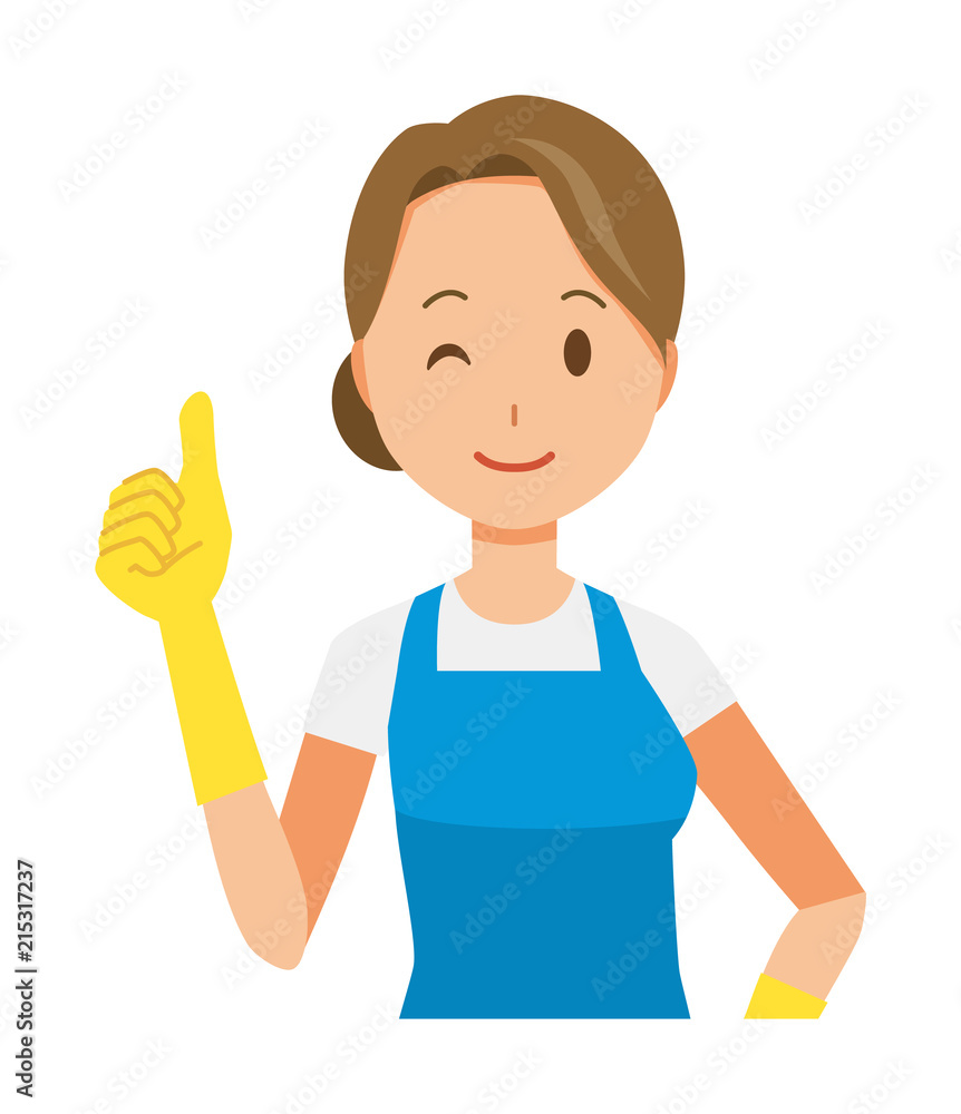 A woman wearing a blue apron and rubber gloves is showing thumbs up A woman wearing a blue apron and rubber gloves is showing thumbs up