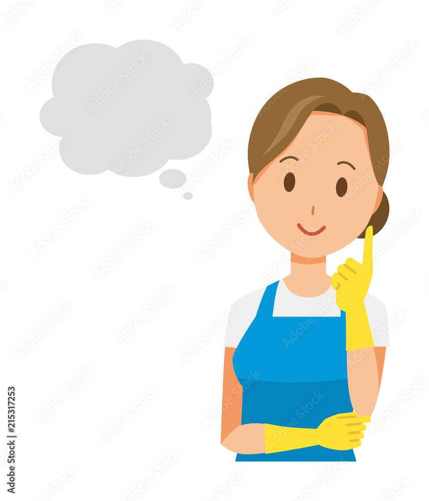 A woman wearing a blue apron and rubber gloves is imagining
