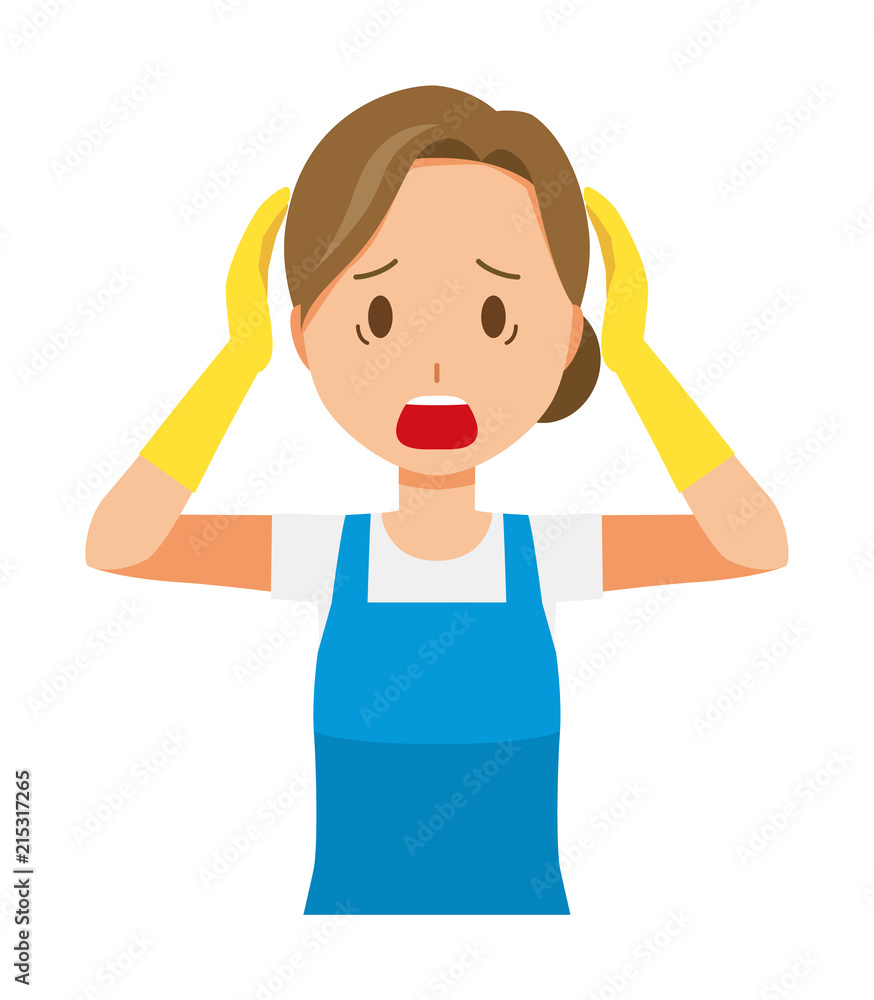 A woman wearing a blue apron and rubber gloves is panicking A woman wearing a blue apron and rubber gloves is panicking