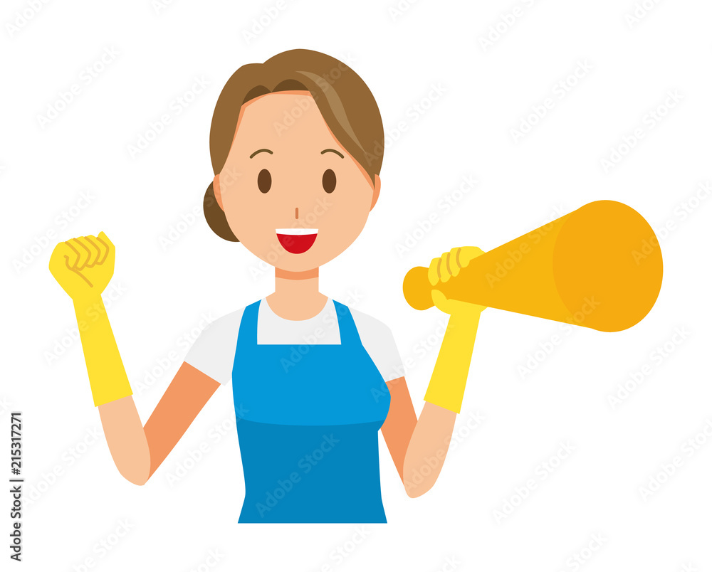 A woman wearing a blue apron and rubber gloves has a megaphone A woman wearing a blue apron and rubber gloves has a megaphone