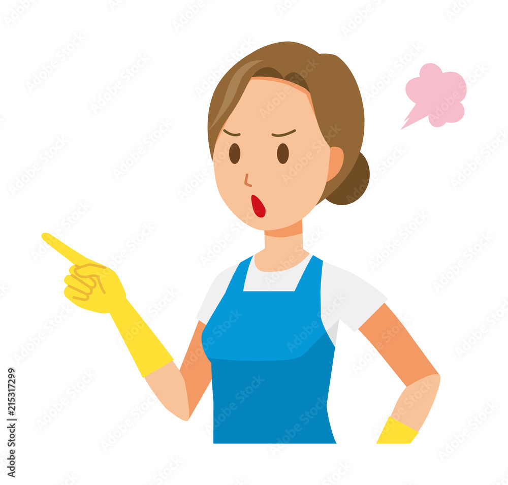 A woman wearing a blue apron and rubber gloves is angrily pointing to a finger A woman wearing a blue apron and rubber gloves is angrily pointing to a finger