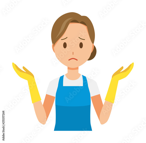 A woman wearing a blue apron and rubber gloves is shrugging her shoulders