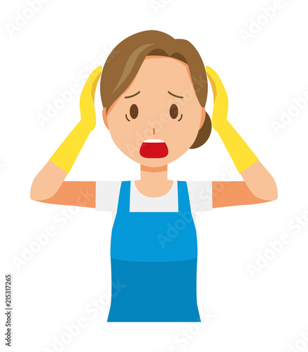 A woman wearing a blue apron and rubber gloves is panicking