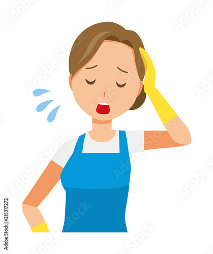 Women who are wearing blue apron and rubber gloves is tired