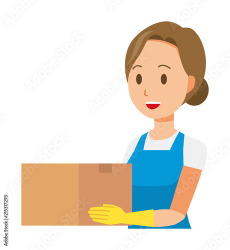 A woman wearing a blue apron and rubber gloves has a box © KinokoTagawa