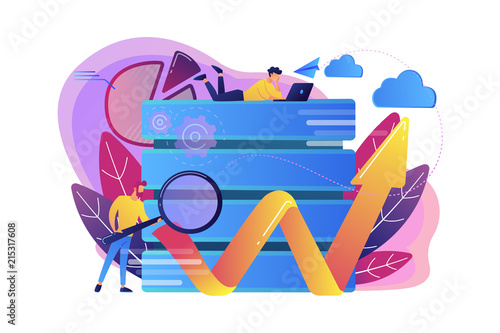 Developer with magnifying glass working with big data and zigzag arrow