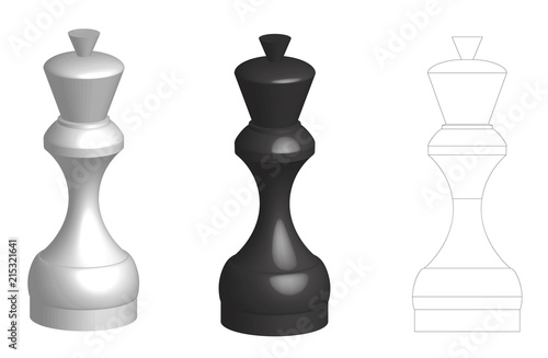 set of flat silhouette and two 3d volume chess queens pieces isolated on white background, eps 10 vector illustration.