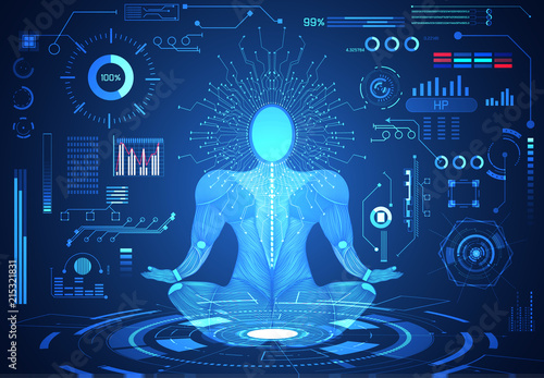 abstract technology ui futuristic concept human body hud interface hologram elements of digital data chart, communication, computing and circle percent vitality innovation on hi tech future background