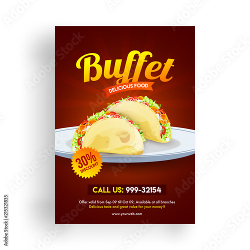 30% discount offer flyer design with illustration of tacos for Buffet delicious food.