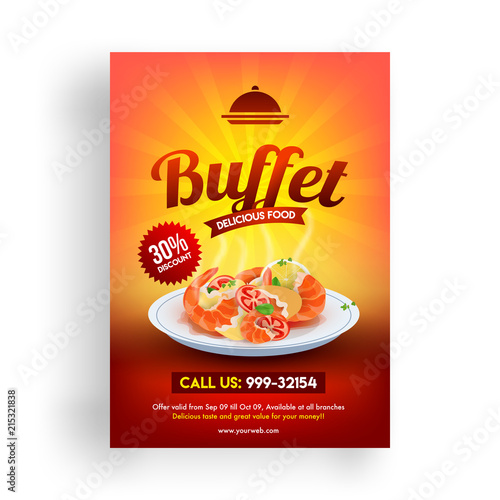 30% discount offer flyer of Buffet Delicious food template design for restaurants.