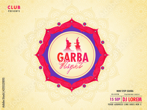 Floral ornamental poster or flyer design with floral frame, date, time and venue details for Garba Night event concept.