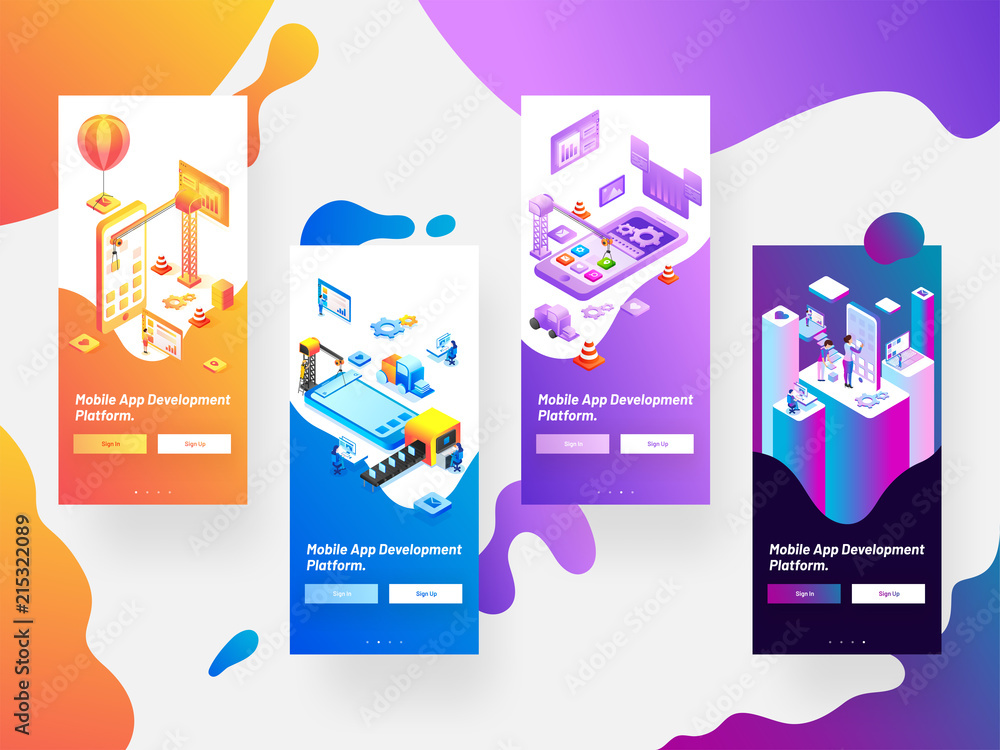 Mobile App Development splash screen mockups on abstract background can be  used for website and mobile application. Stock Vector | Adobe Stock