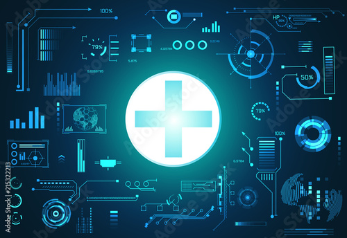 abstract technology ui futuristic concept health hud interface hologram elements of digital data chart, communication, and circle percent vitality innovation on hi tech future design background