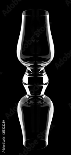 Empty glencairn whisky glass with reflection isolated on a black background