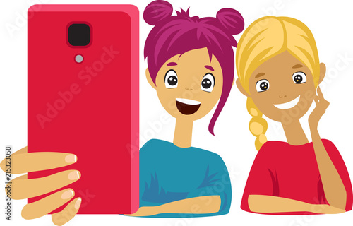 two girls take selfies from a smartphone