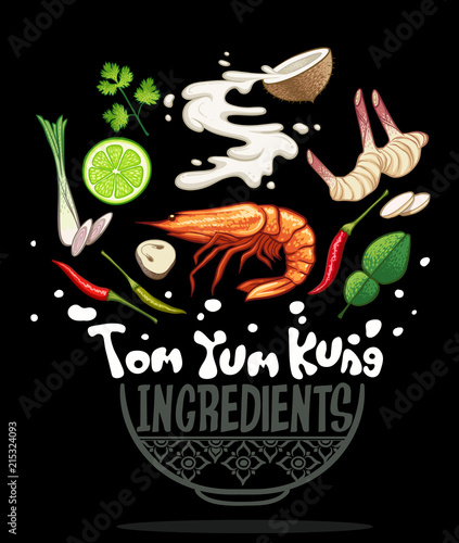 thai local food tom yum kung with ingredients vector illustration