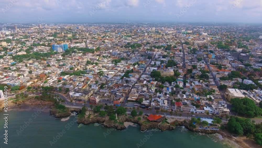 Closing Aerial Shot of Santo Domingo Capital near the beach Closing Aerial Shot of Santo Domingo Capital near the beach