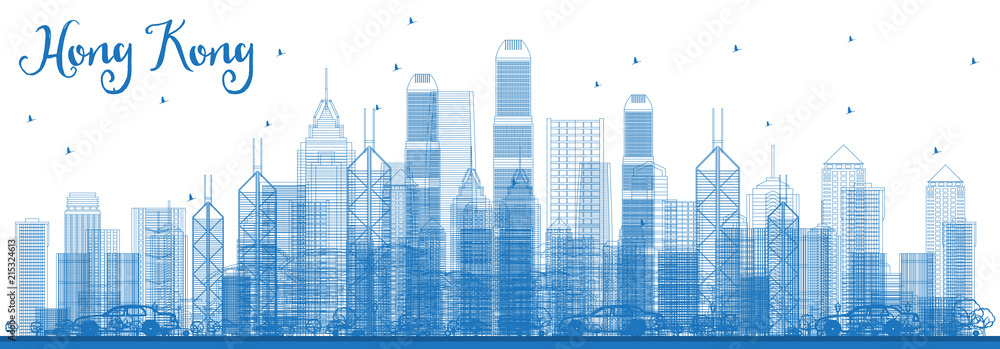 Outline Hong Kong China Skyline with Blue Buildings.