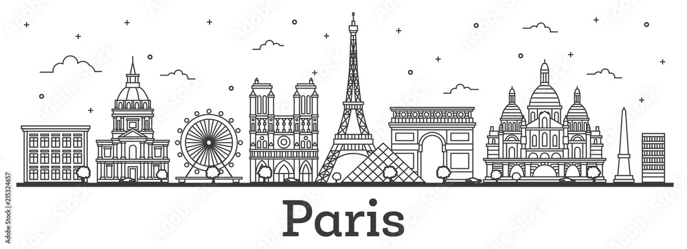Outline Paris France City Skyline with Historic Buildings Isolated on White.