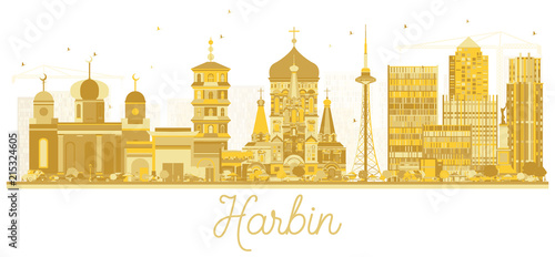 Harbin China City skyline golden silhouette.