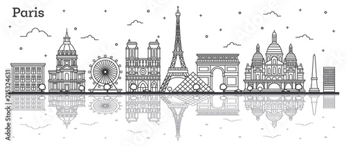 Outline Paris France City Skyline with Historic Buildings and Reflections Isolated on White.